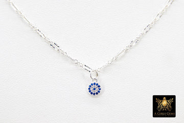 14 K Gold Filled Sequin Necklace, 925 Sterling Silver Evil Eye Necklace, Blue Greek Disc CZ Minimalist Choker